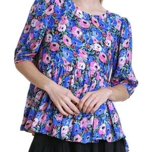 Umgee Blue and Pink Floral Pleated Short-Sleeve Tunic